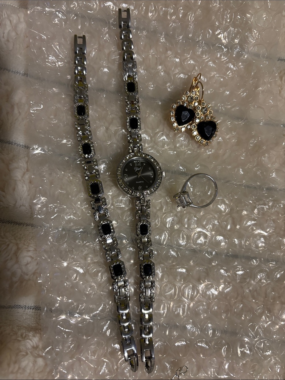 Ya Los Angeles Silver-Tone Bracelet Watch with Black Crystal Accents